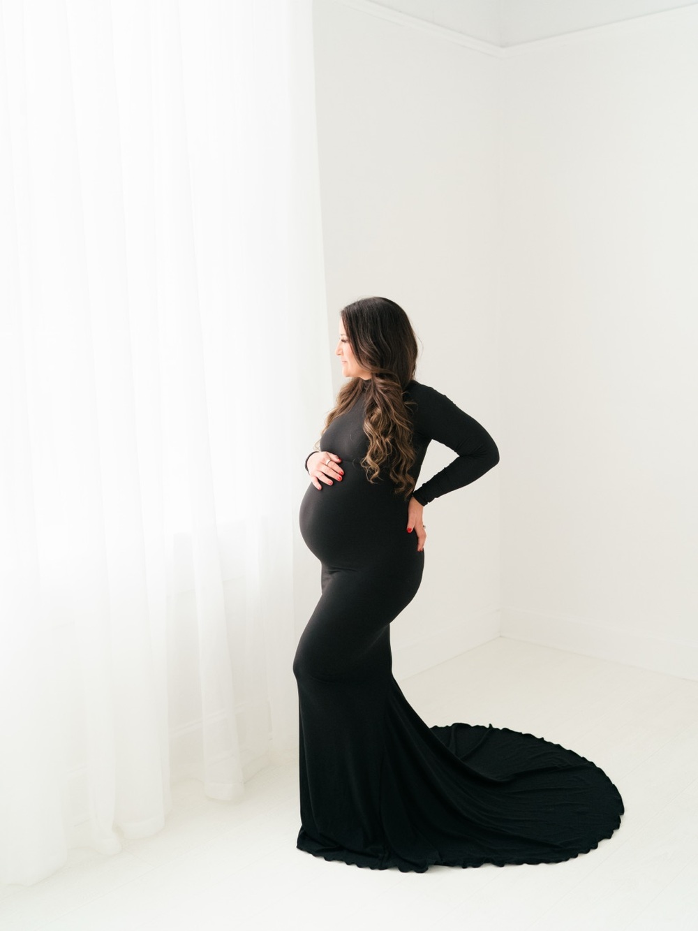 Black Maternity Maxi Dress with Train — Long Sleeve Elegant Gown